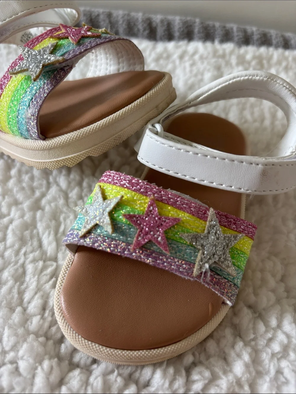 wonder nation White Sandals with Glitter Rainbow Straps and Star Accents